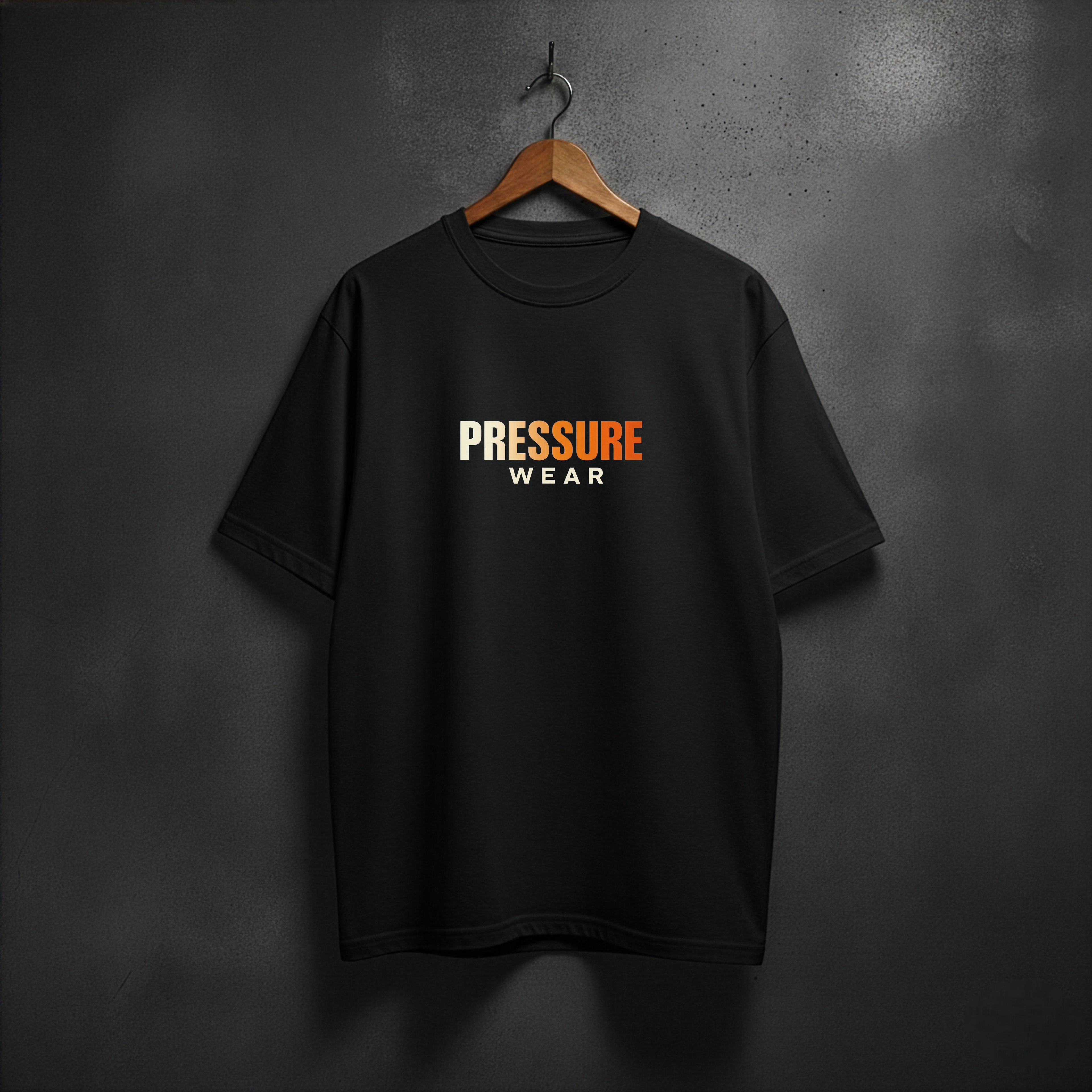 Black t-shirt with 'PRESSURE WEAR' logo no fire front view 