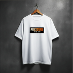 White t-shirt with 'PRESSURE WEAR logo no flame front view

