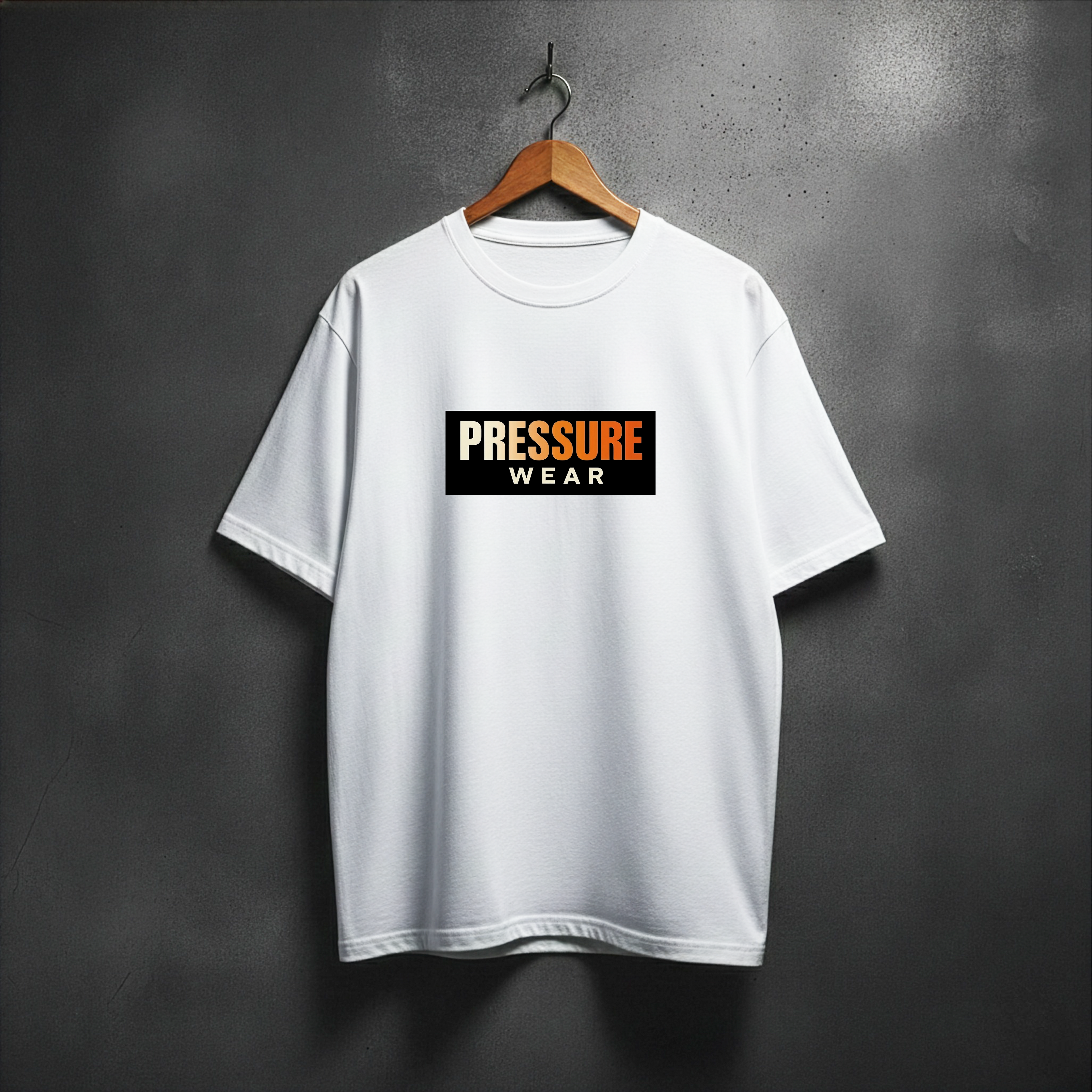White t-shirt with 'PRESSURE WEAR logo no flame front view
