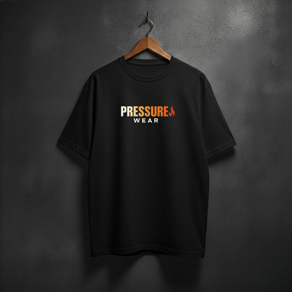 Black t-shirt with 'PRESSURE WEAR' logo front view
