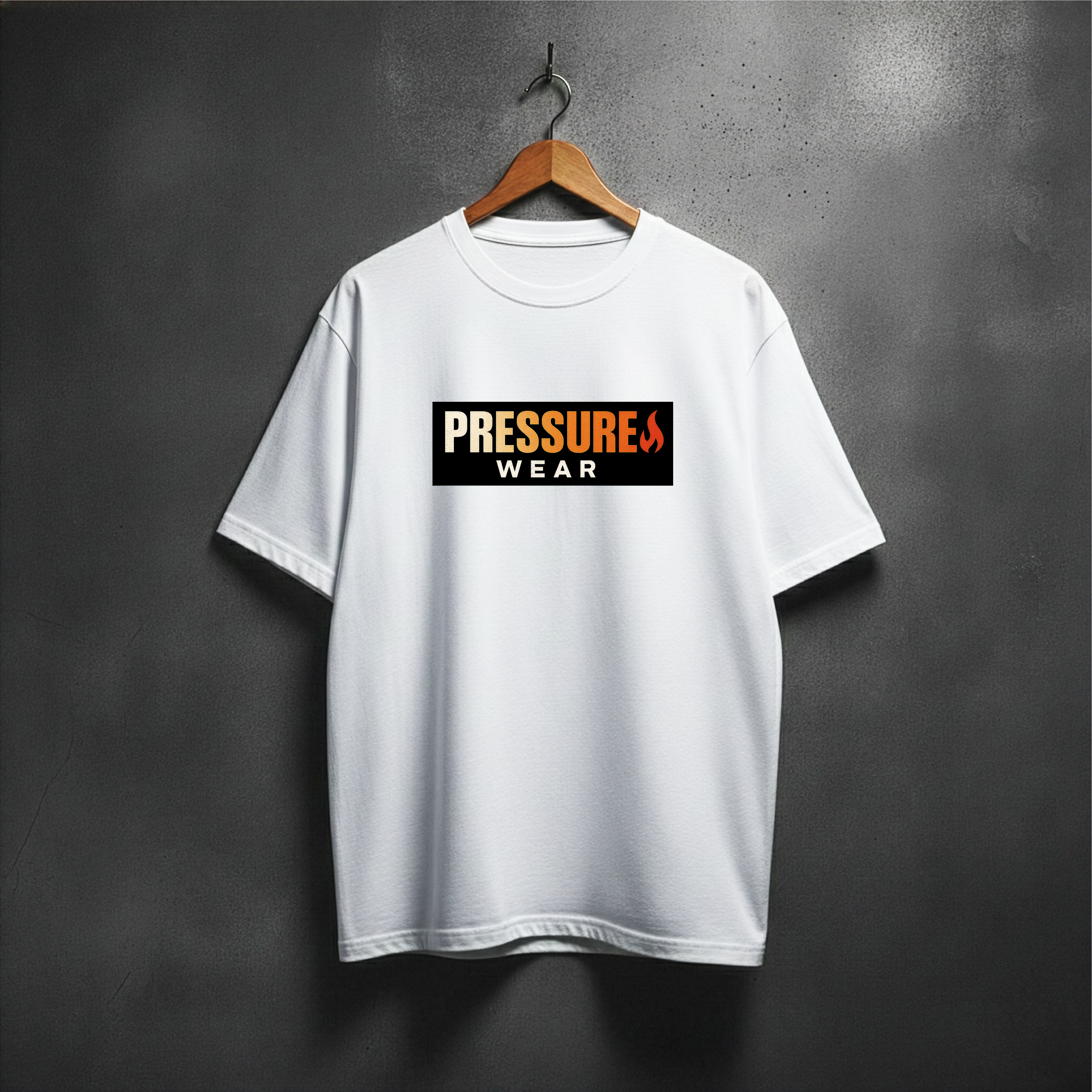 White t-shirt with 'PRESSURE WEAR' logo front view