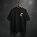 Black t-shirt with a circular logo featuring a flame on the front left chest