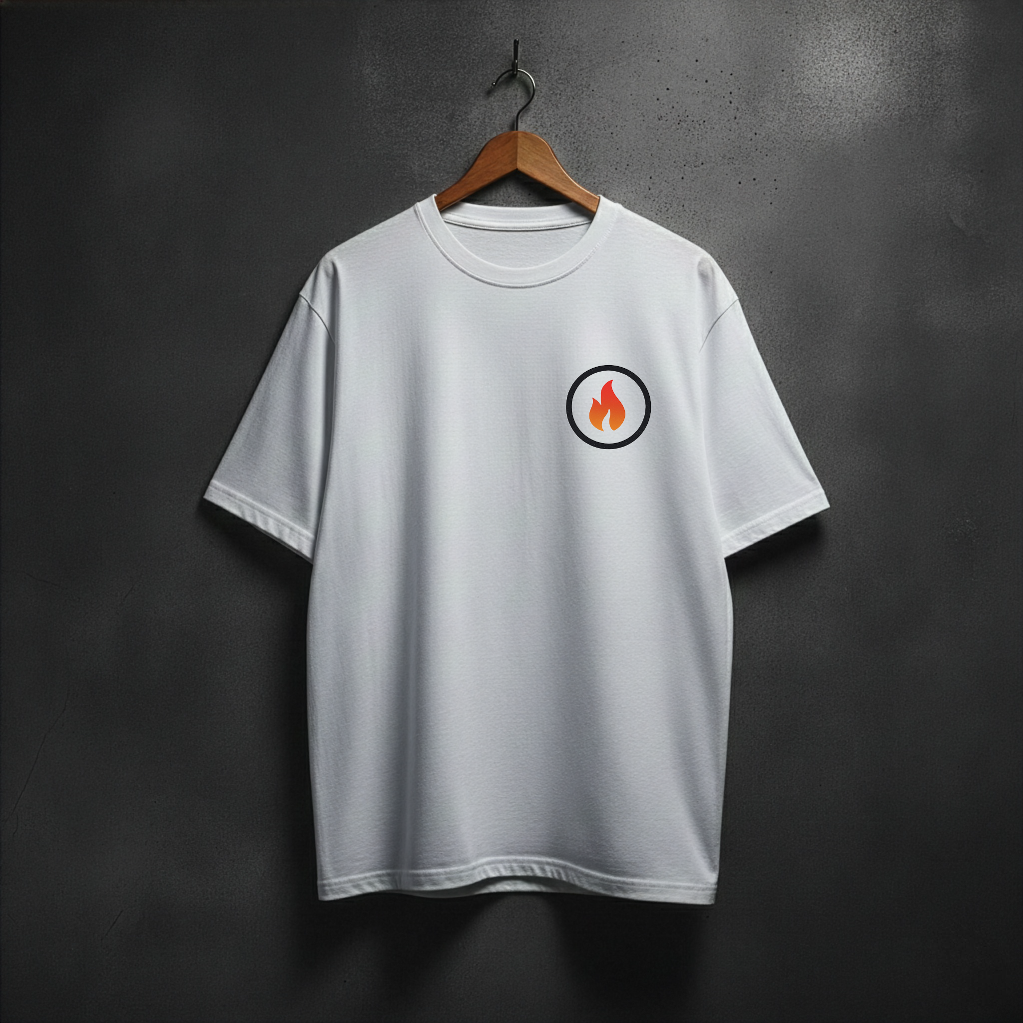White t-shirt with a circular logo featuring a flame front left chest