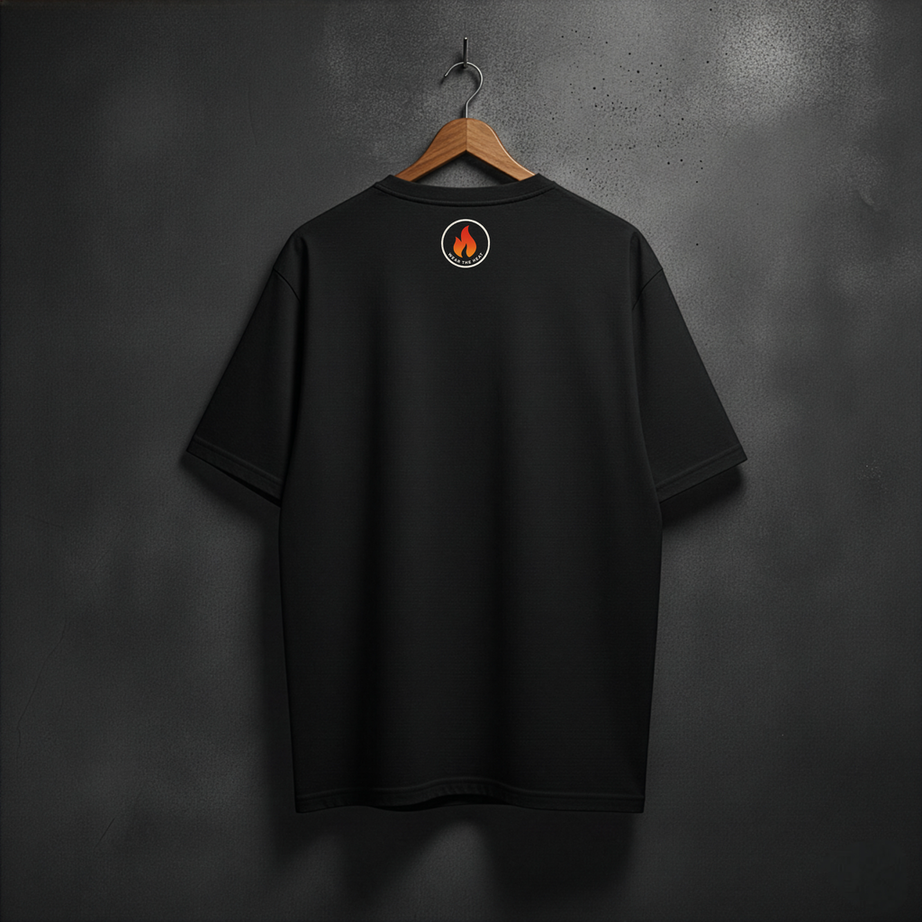 Black t-shirt with a small Fire logo at the back