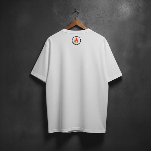 White t-shirt with a samll Fire logo  on the back