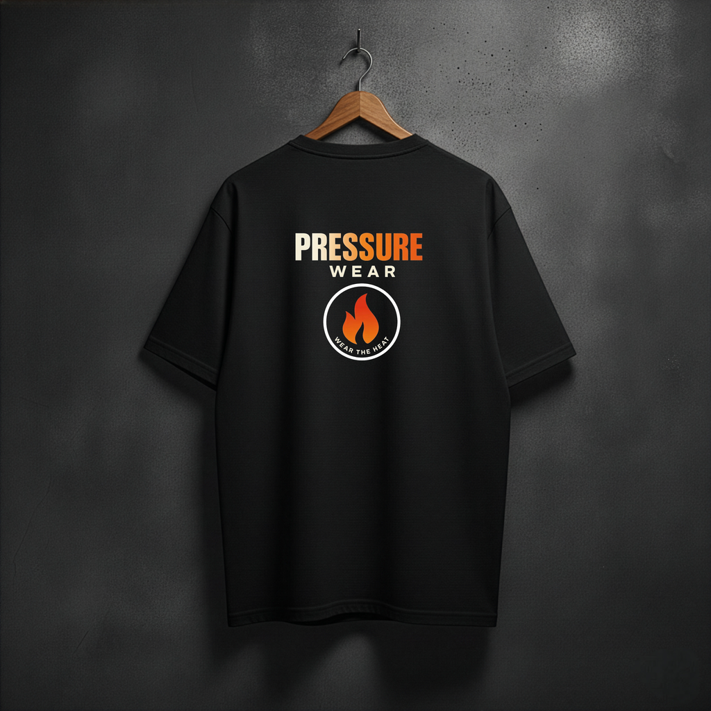 Black t-shirt with 'Pressure Wear' and fire logo onthe back