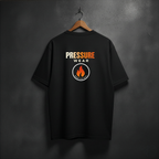 Black t-shirt with 'Pressure Wear' and fire logo onthe back