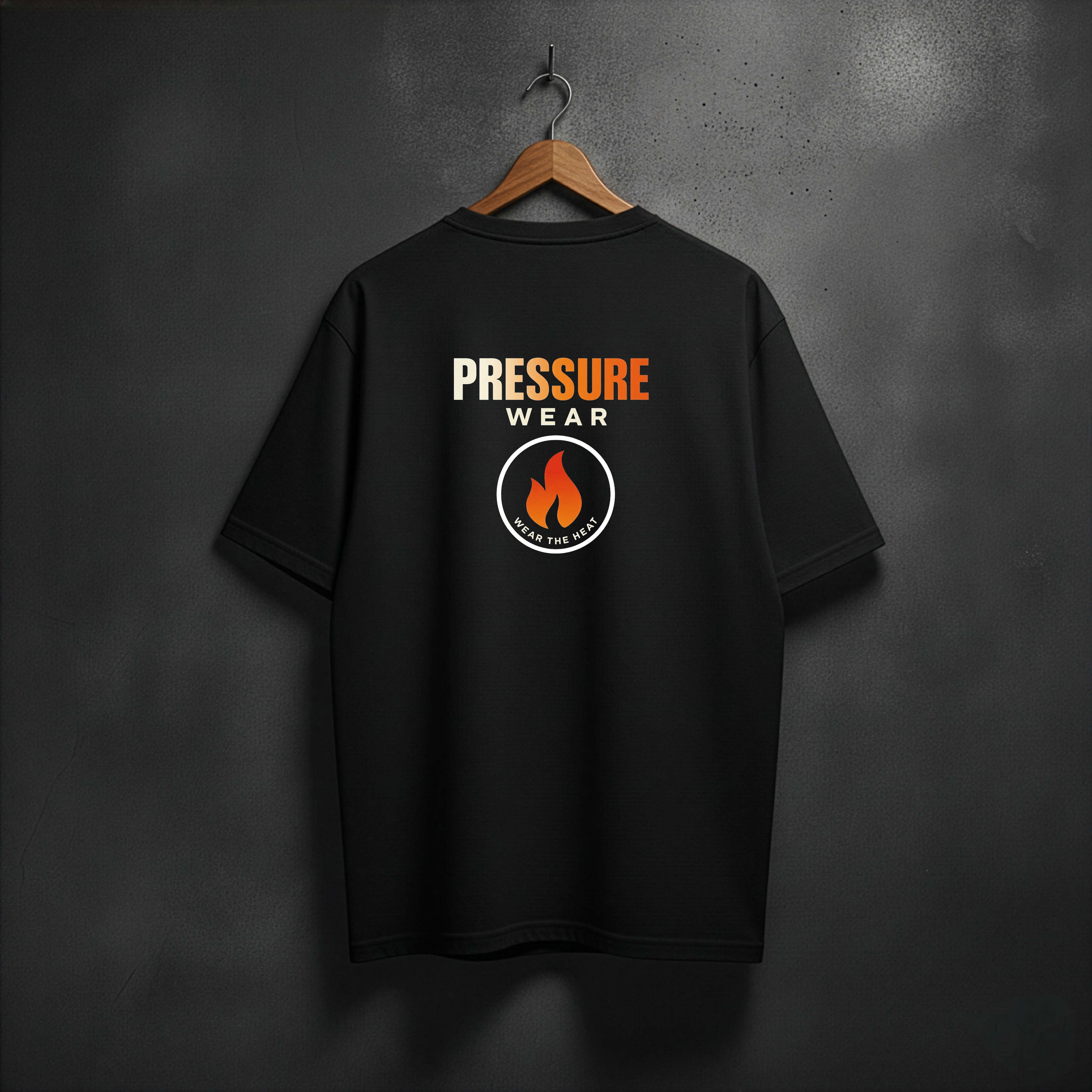 Black t-shirt with 'Pressure Wear' and fire logo onthe back