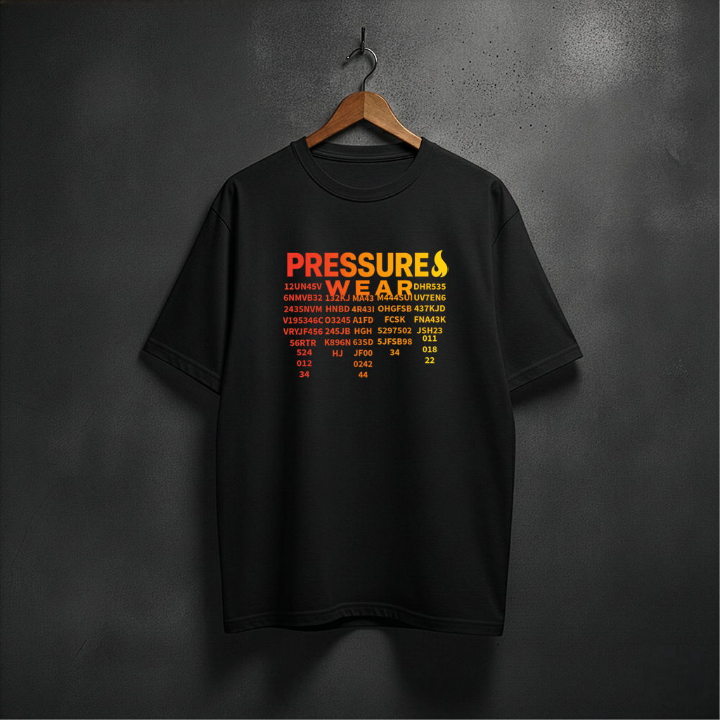 Black t-shirt with 'PRESSURE WEAR' matrix front chest