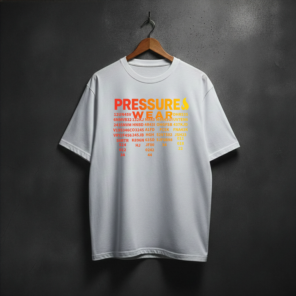 White t-shirt with 'PRESSURE WEAR'  matrix front chest