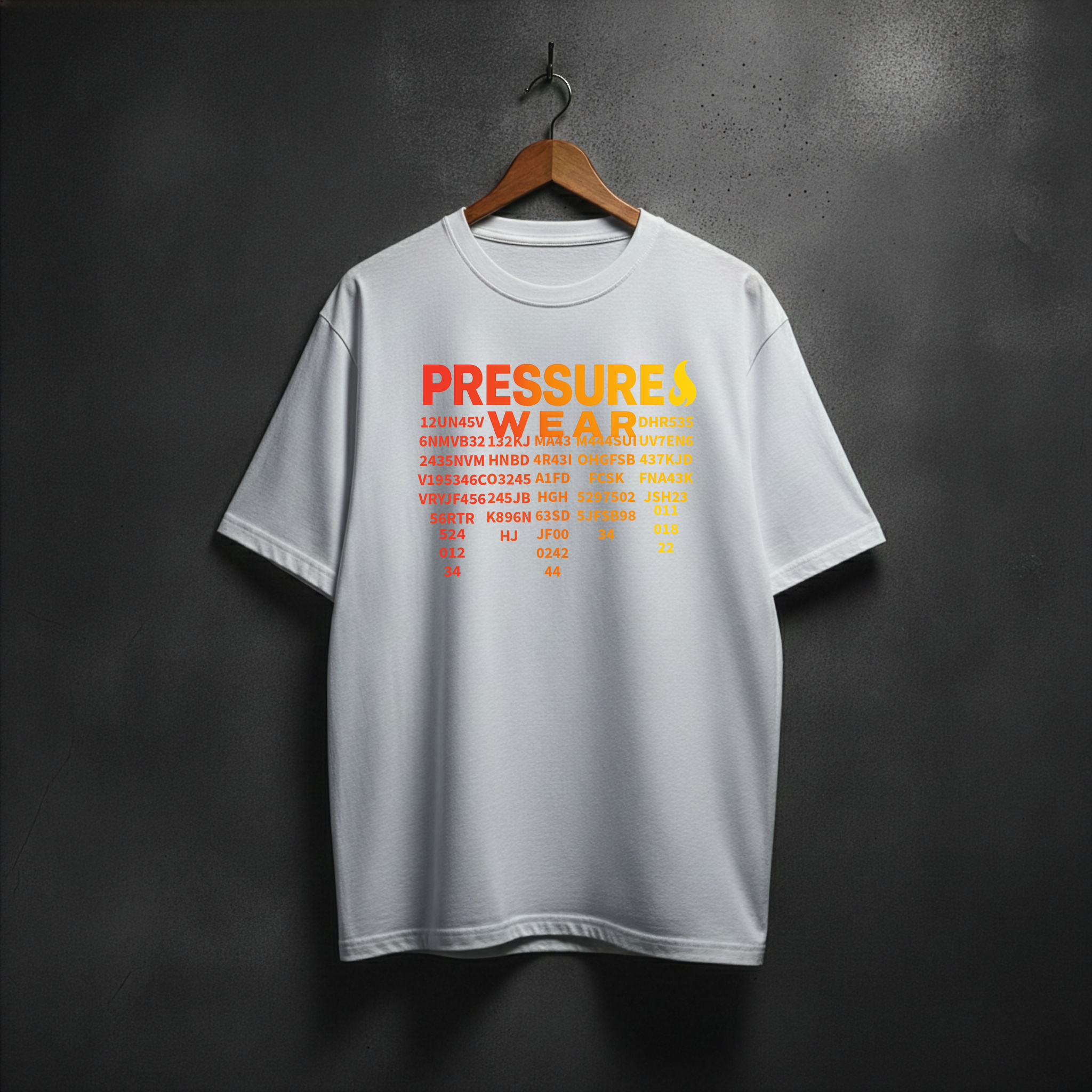White t-shirt with 'PRESSURE WEAR'  matrix front chest
