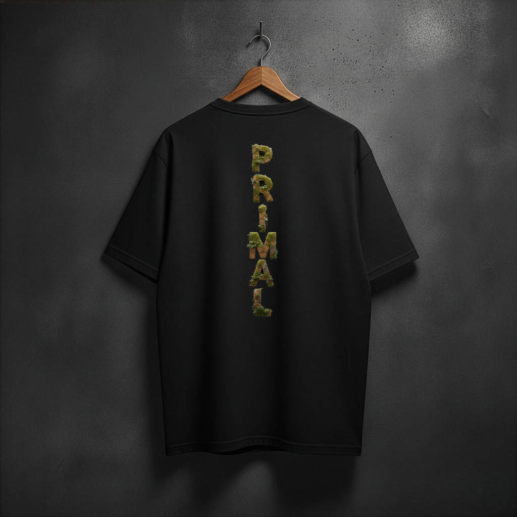Black t-shirt with mossy 'PRIMAL' printed on the back