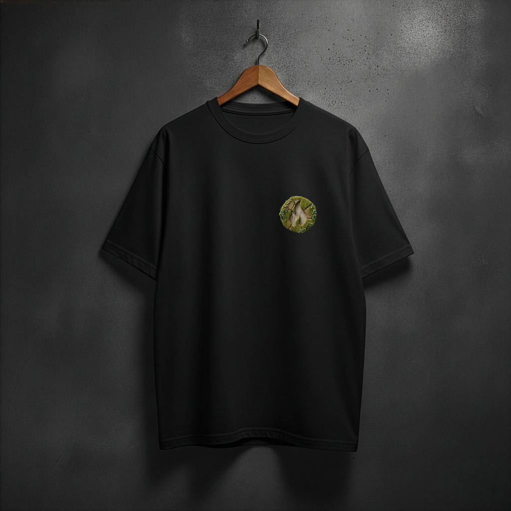 Black t-shirt with a mossy fire logo on the front chest