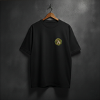 Black t-shirt with a mossy fire logo on the front chest