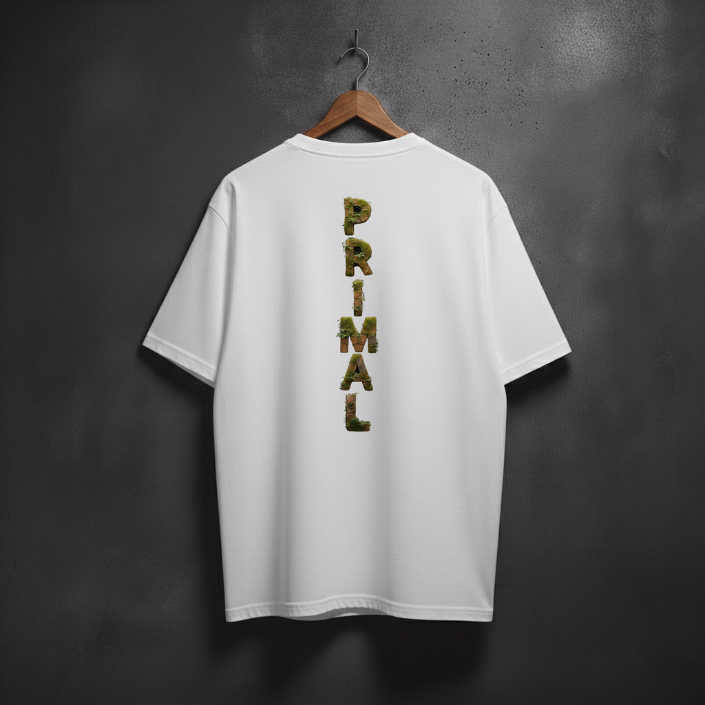 White t-shirt with mossy 'PRIMAL' text on the back