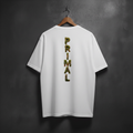 White t-shirt with mossy 'PRIMAL' text on the back