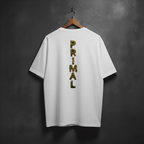 White t-shirt with mossy 'PRIMAL' text on the back