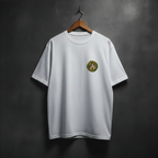 white t-shirt with mossy fire logo on the front chest