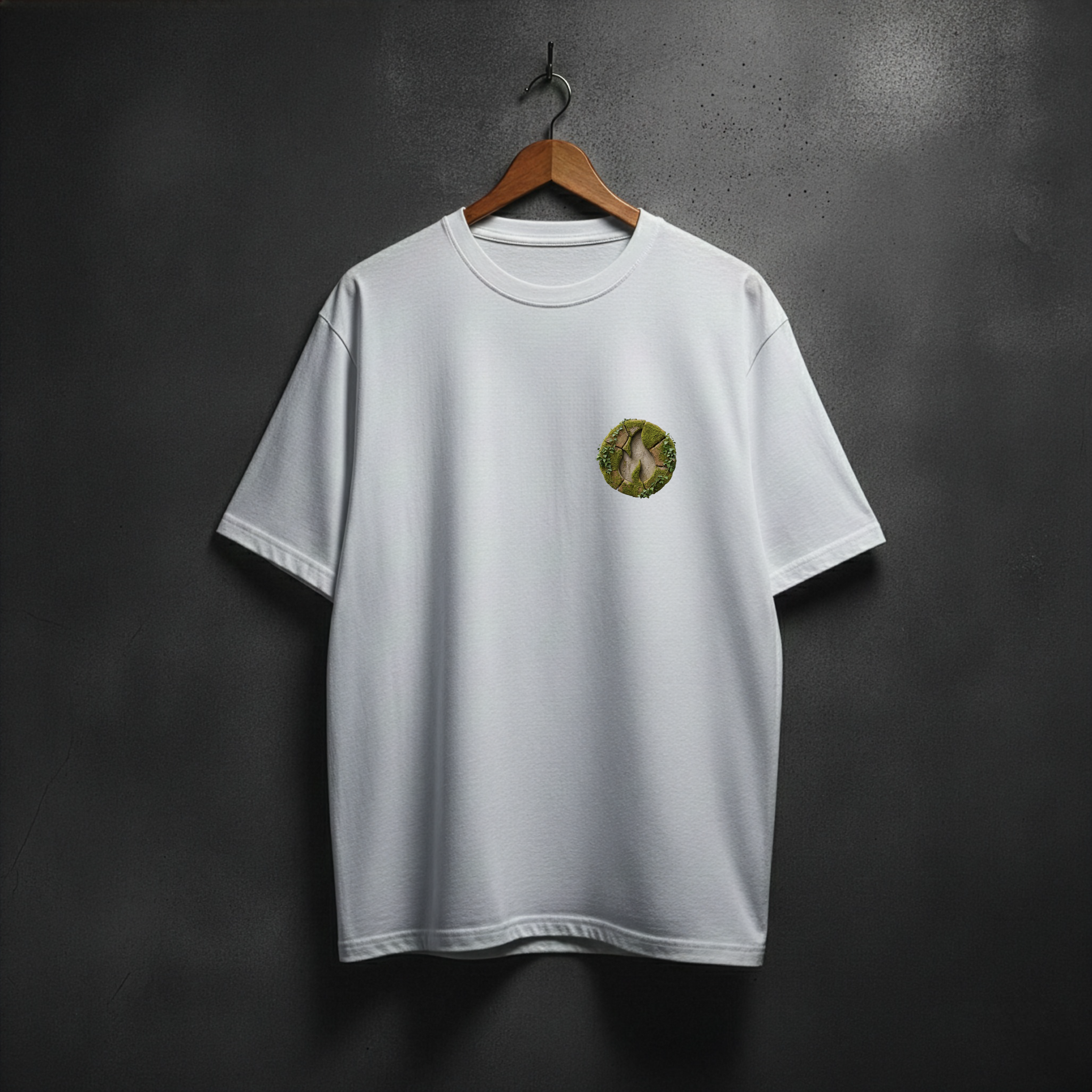white t-shirt with mossy fire logo on the front chest