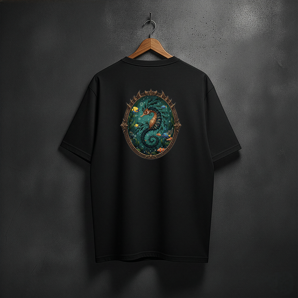 Black t-shirt with a colorful sea horse design in oal fram on the back