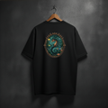 Black t-shirt with a colorful sea horse design in oal fram on the back