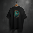 Black t-shirt with a colorful sea horse design in oal fram on the back