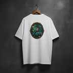 White t-shirt with a colorful sea horse design in oal fram on the back