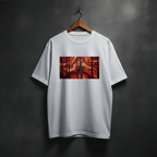 White t-shirt with a colorful sequoia graphic on the front chest
