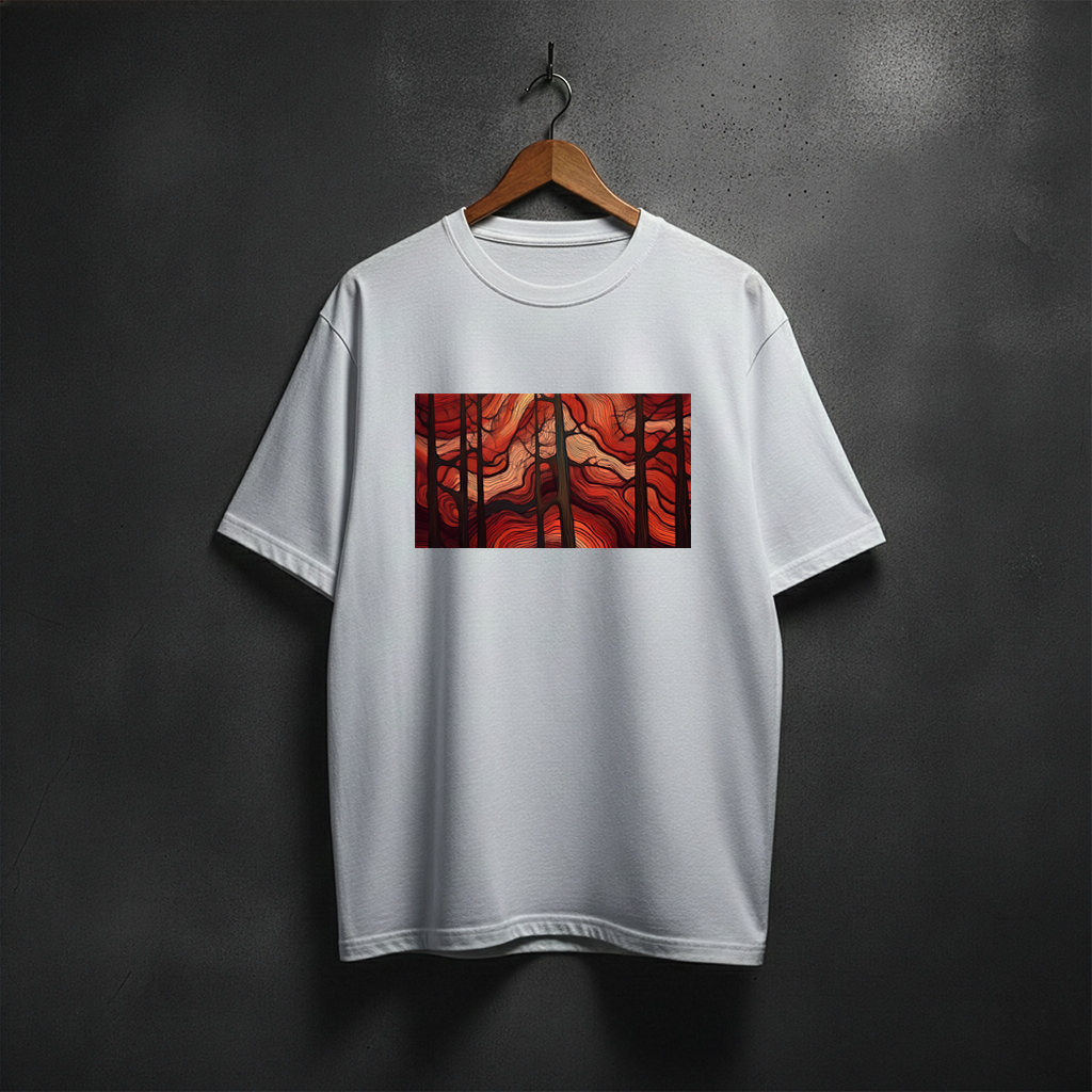 White t-shirt with a colorful sequoia graphic on the front chest