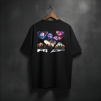 Black t-shirt with colorful shattered horizon graphic on the back