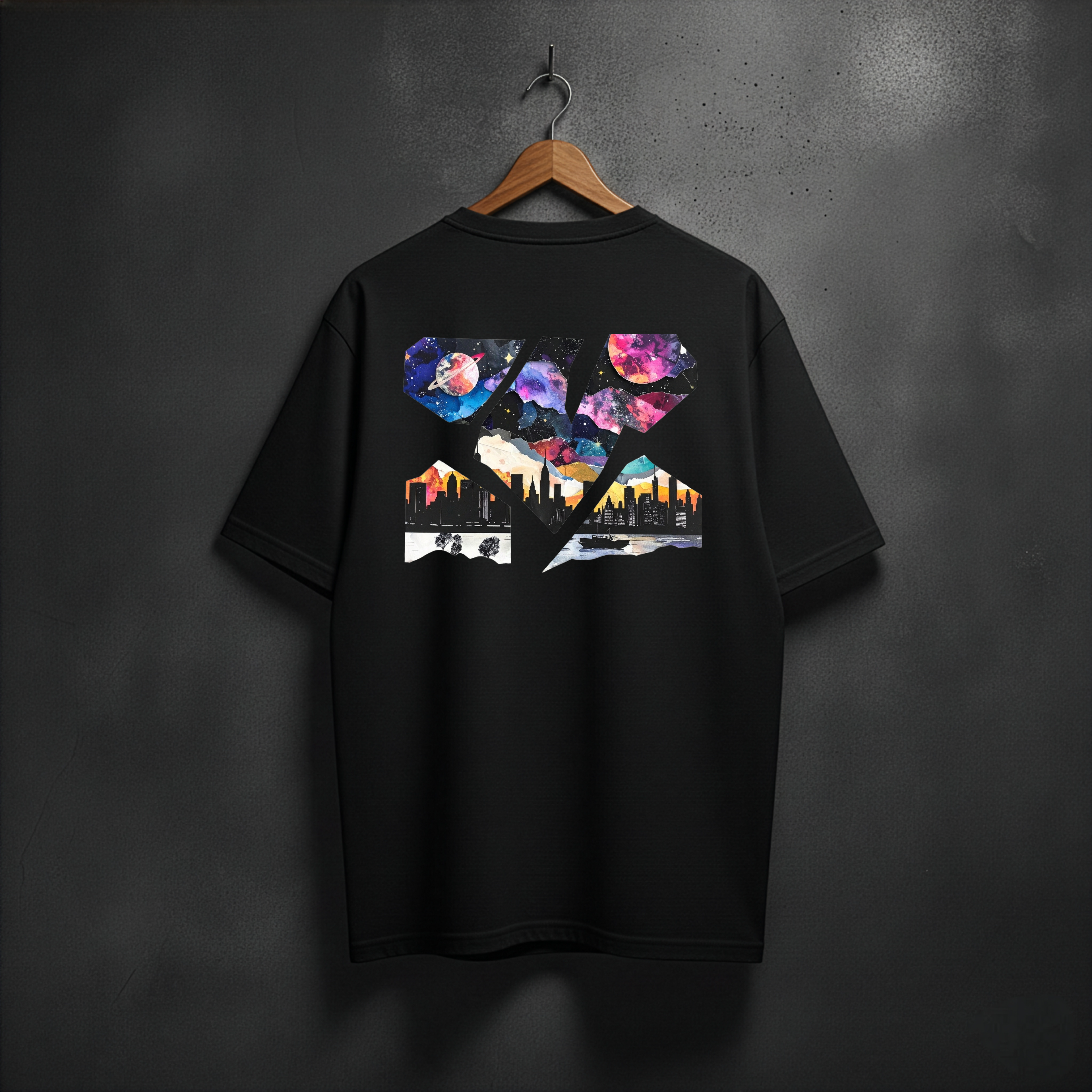 Black t-shirt with colorful shattered horizon graphic on the back
