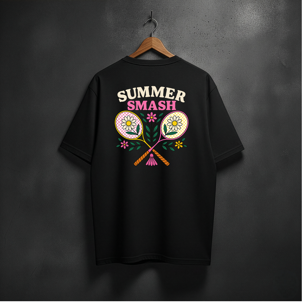 Black t-shirt with 'Summer Smash' design at the back