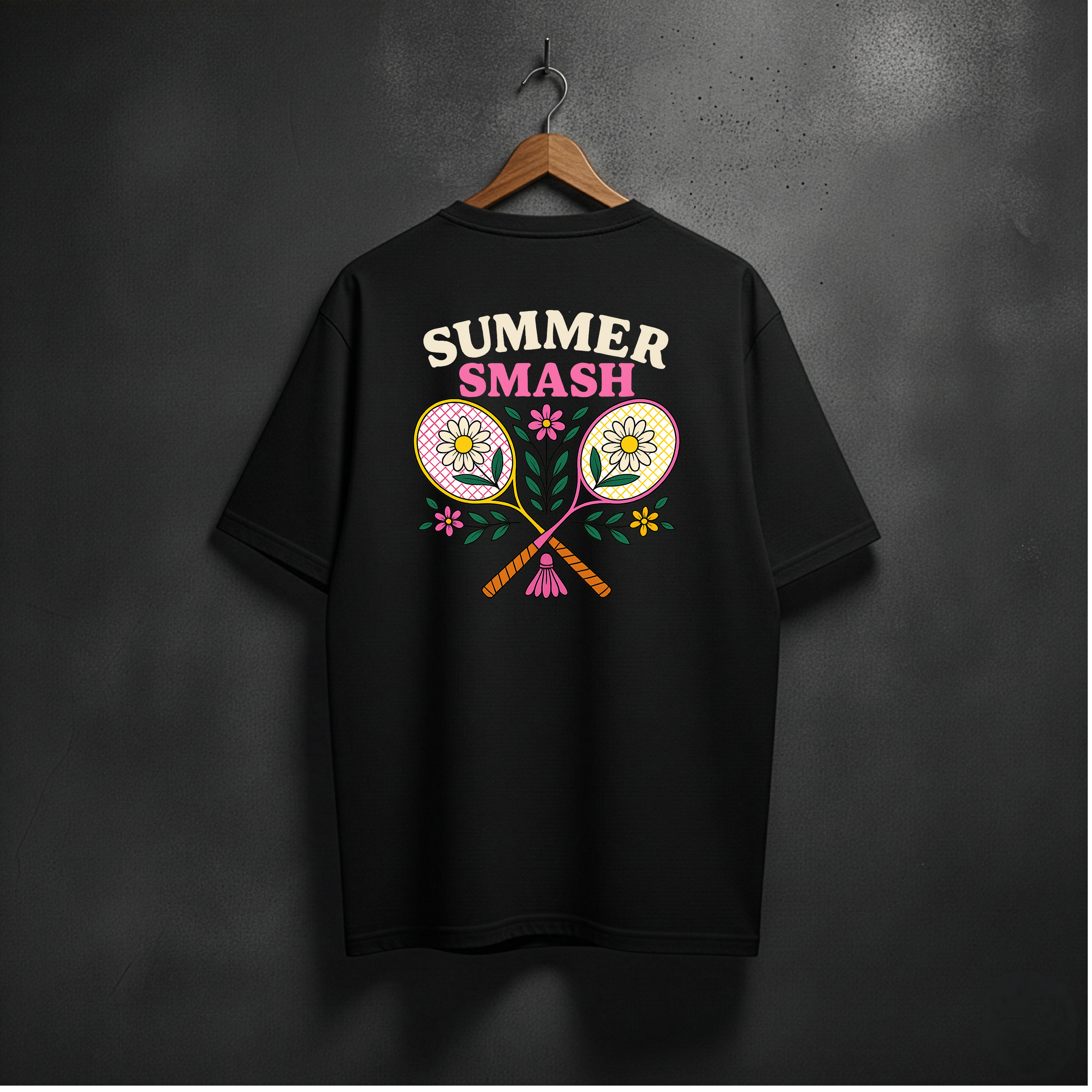 Black t-shirt with 'Summer Smash' design at the back