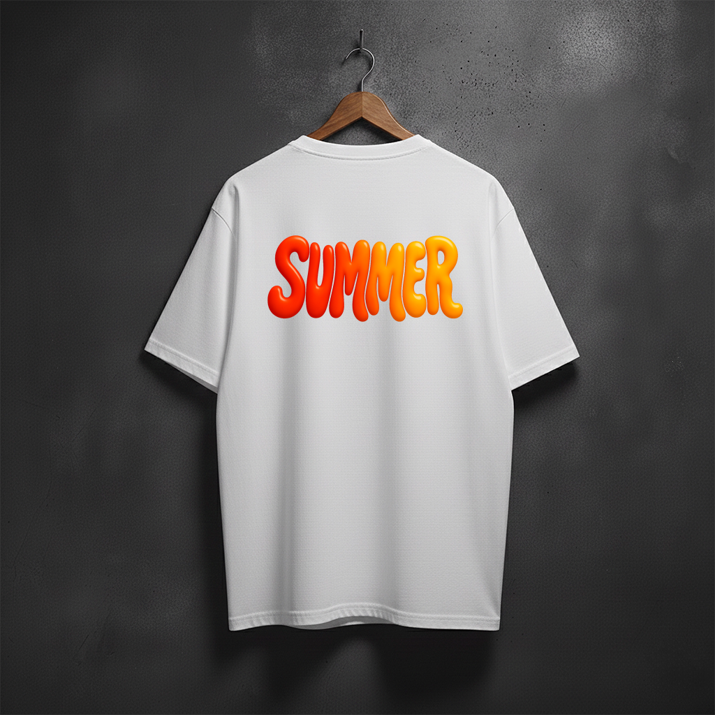 White t-shirt with 'SUMMER' in orange and yellow back view