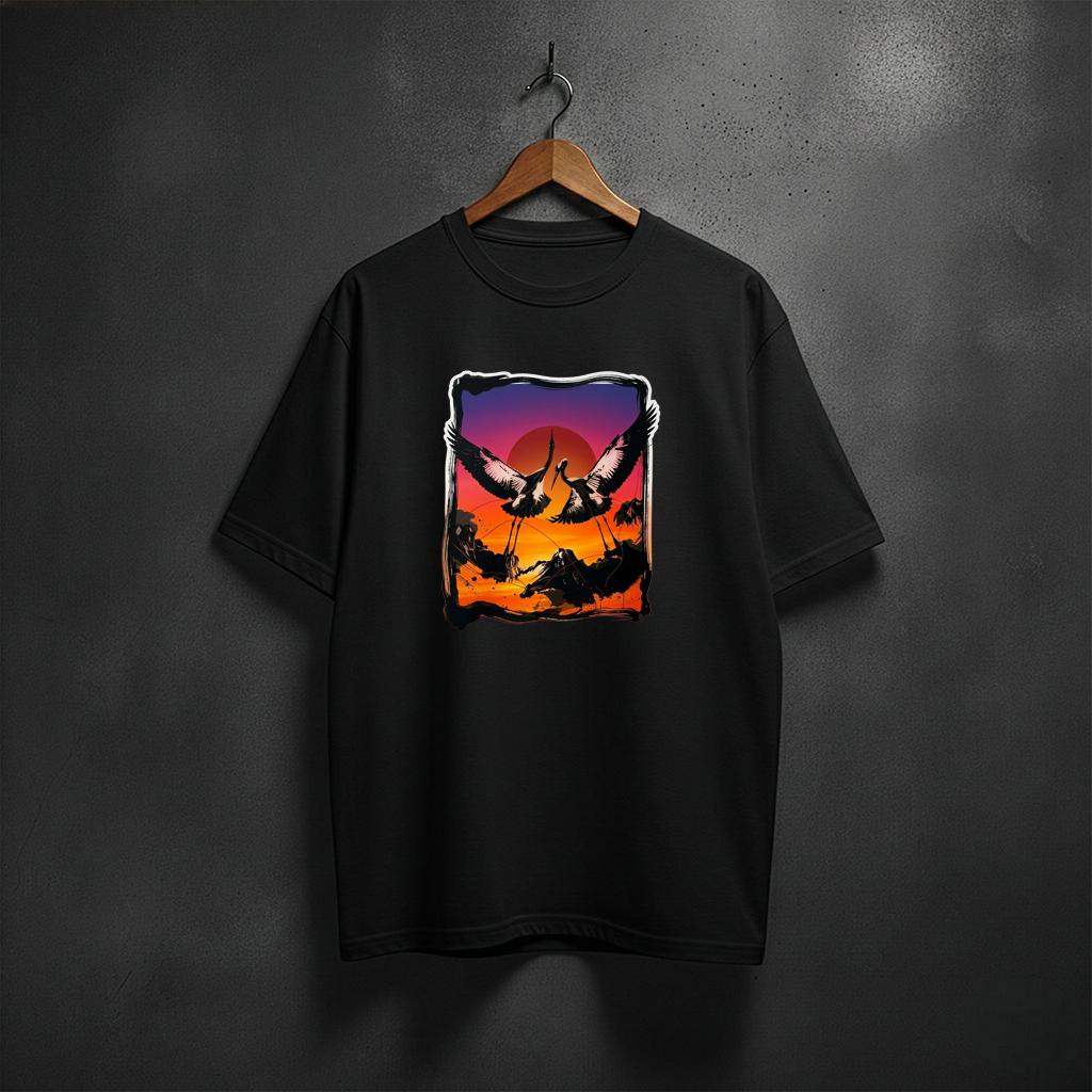 Black t-shirt with a colorful graphic of birds flying over a sunset on the front
