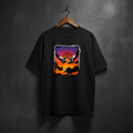 Black t-shirt with a colorful graphic of birds flying over a sunset on the front