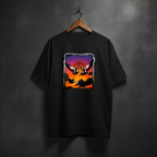 Black t-shirt with a colorful graphic of birds flying over a sunset on the front