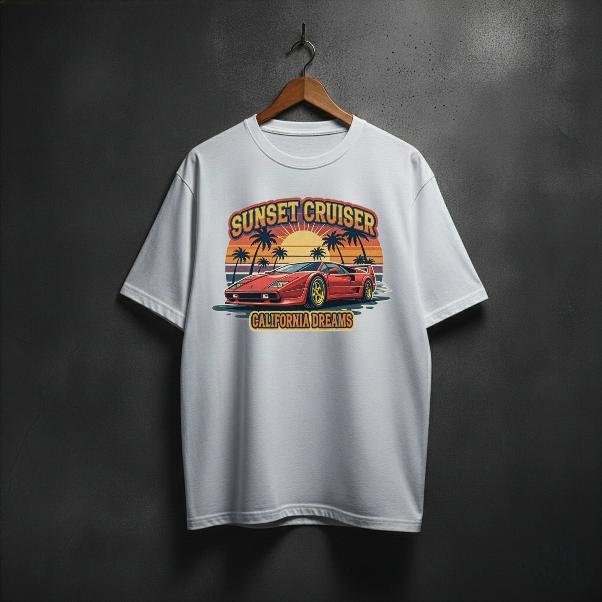 White t-shirt with 'Sunset Cruiser California Dreams' graphic front chest