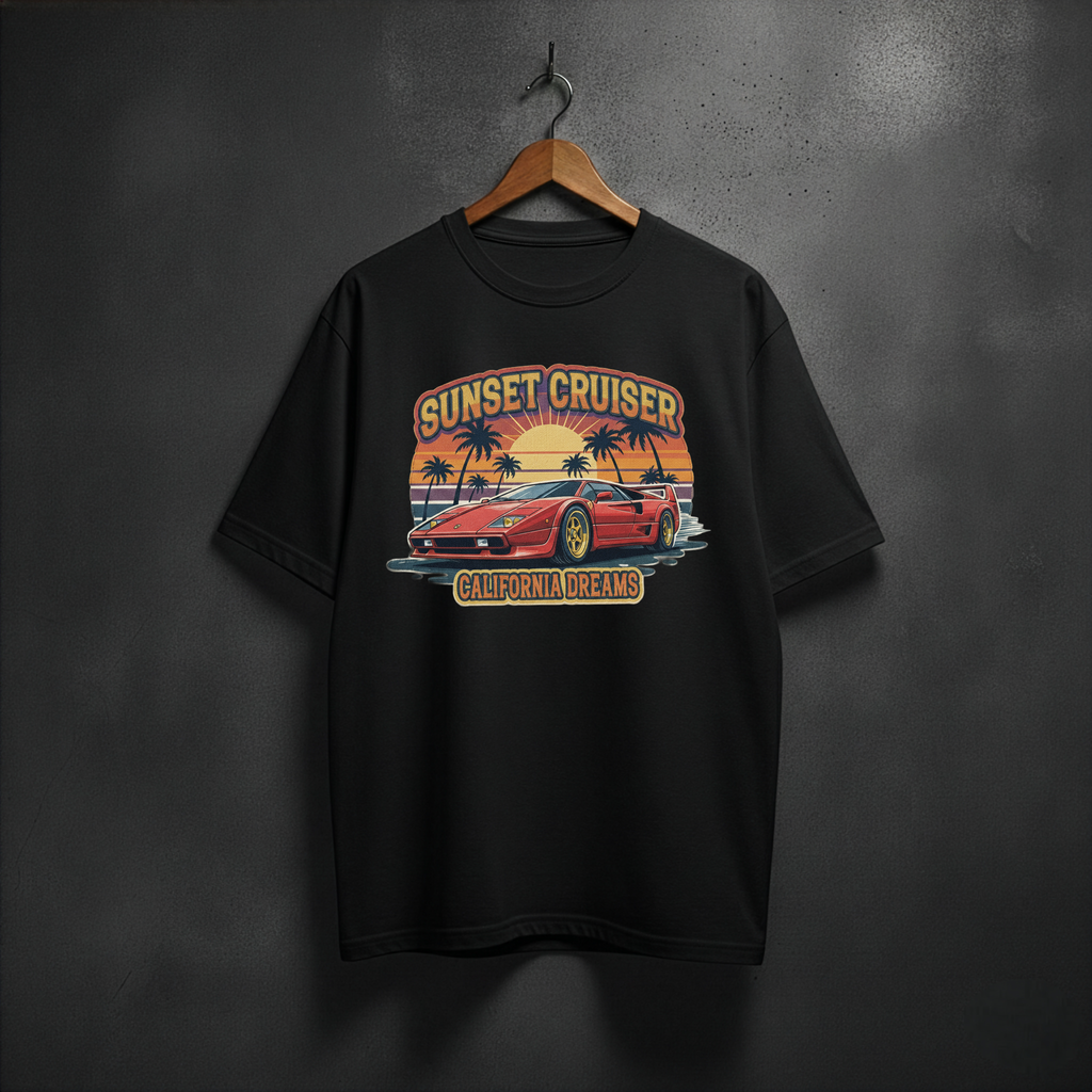 Black t-shirt with 'Sunset Cruiser California Dreams' graphic front chest