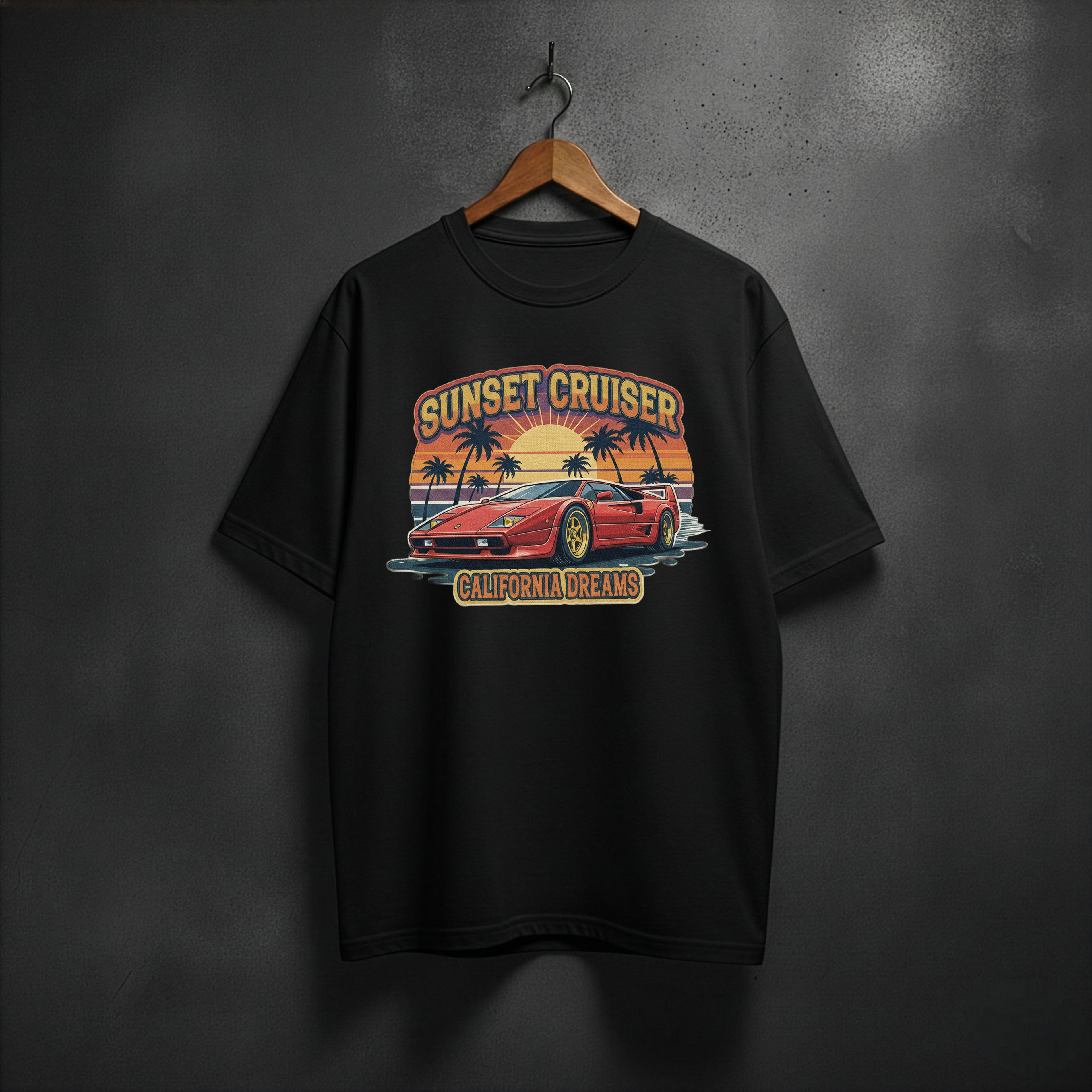 Black t-shirt with 'Sunset Cruiser California Dreams' graphic front chest