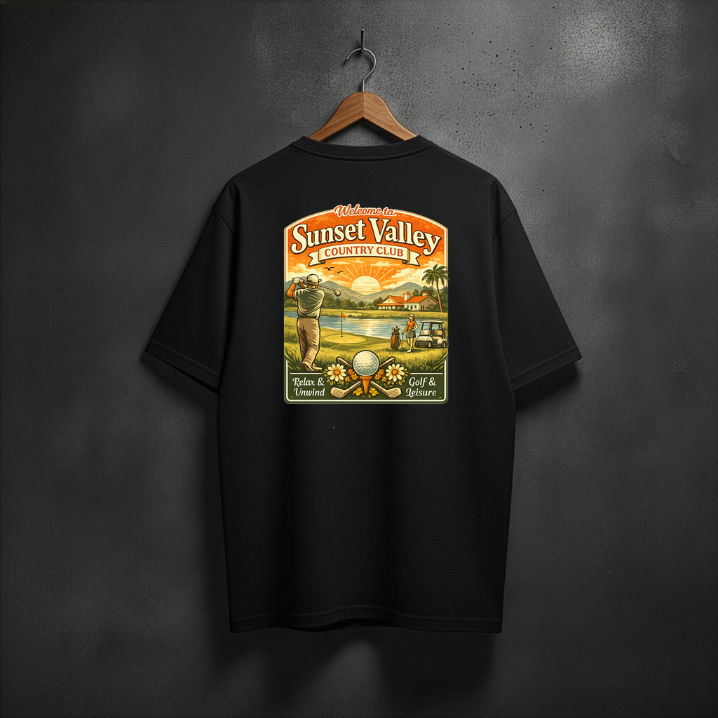 Black t-shirt with 'Sunset Valley Country Club' graphic back view