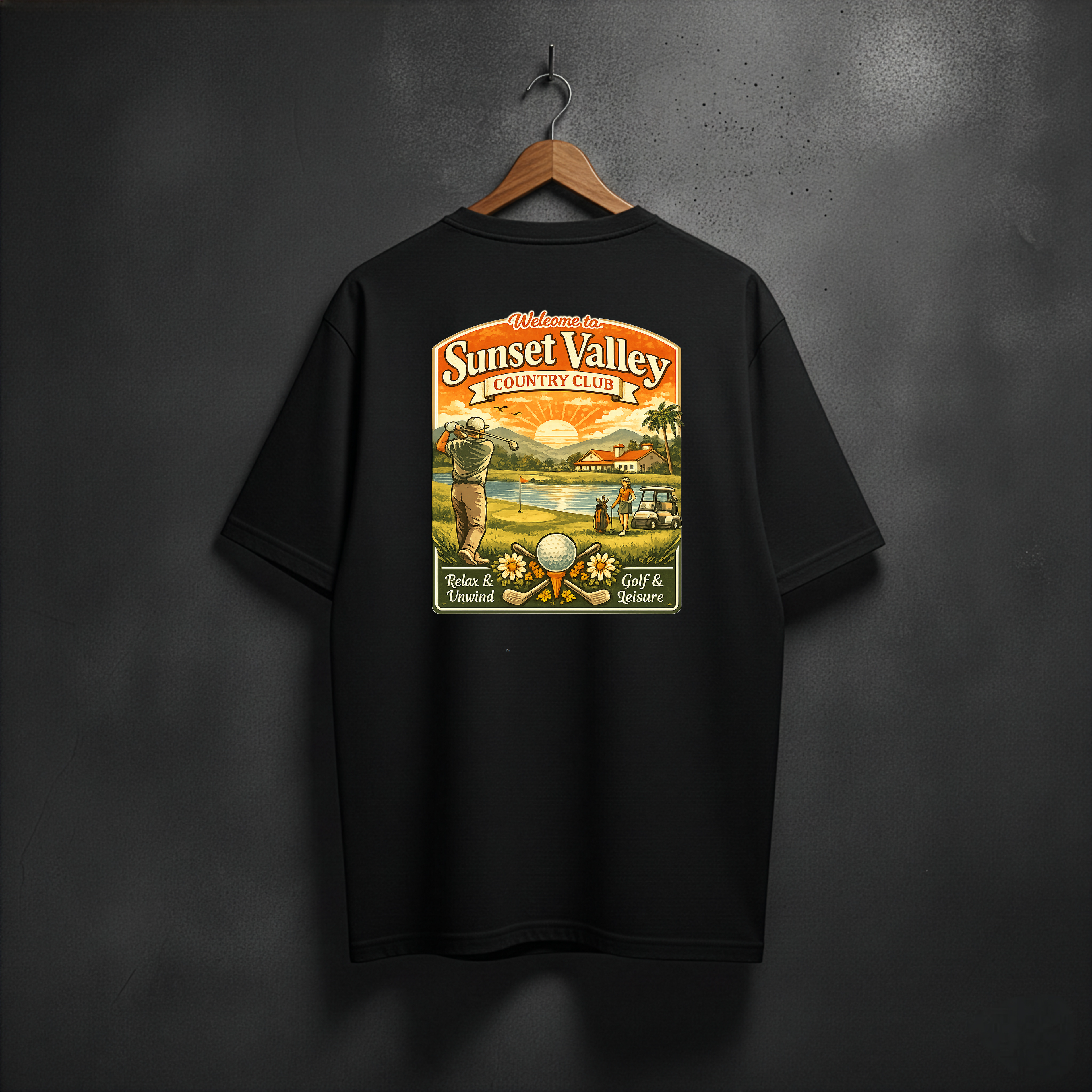 Black t-shirt with 'Sunset Valley Country Club' graphic back view