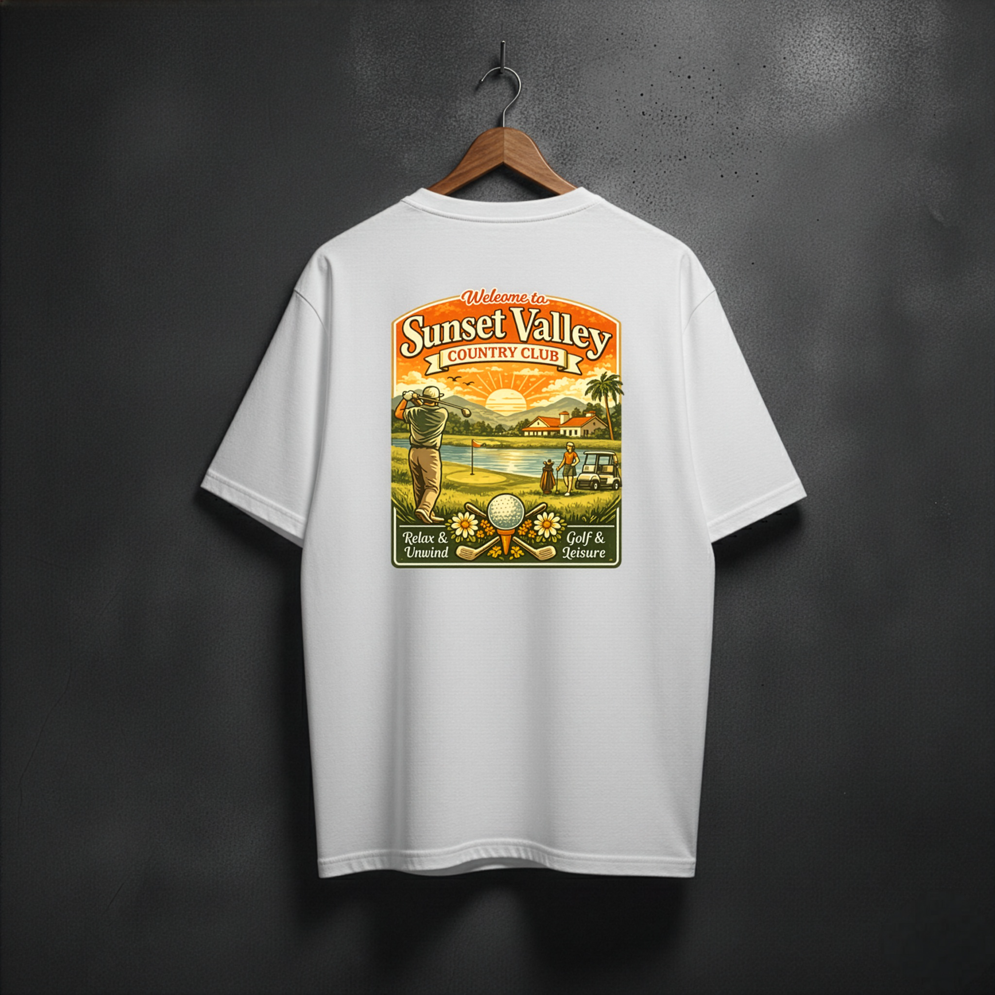 White t-shirt with a graphic design of Sunset Valley Country Club back view