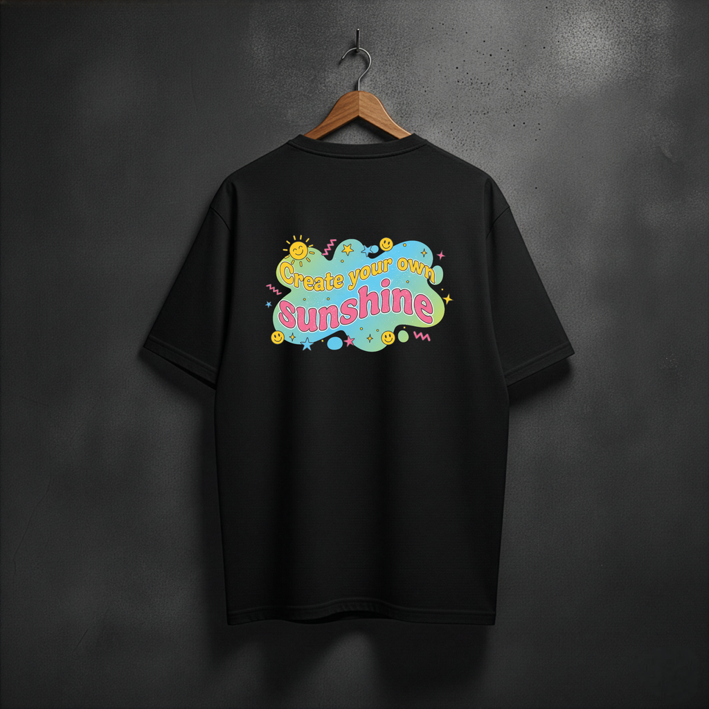 Black t-shirt with colorful  CREATE YOUR OWN SUNSHINE text design on the back