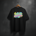 Black t-shirt with colorful  CREATE YOUR OWN SUNSHINE text design on the back