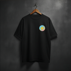 Black t-shirt with a colorful sun graphic on the front left chest