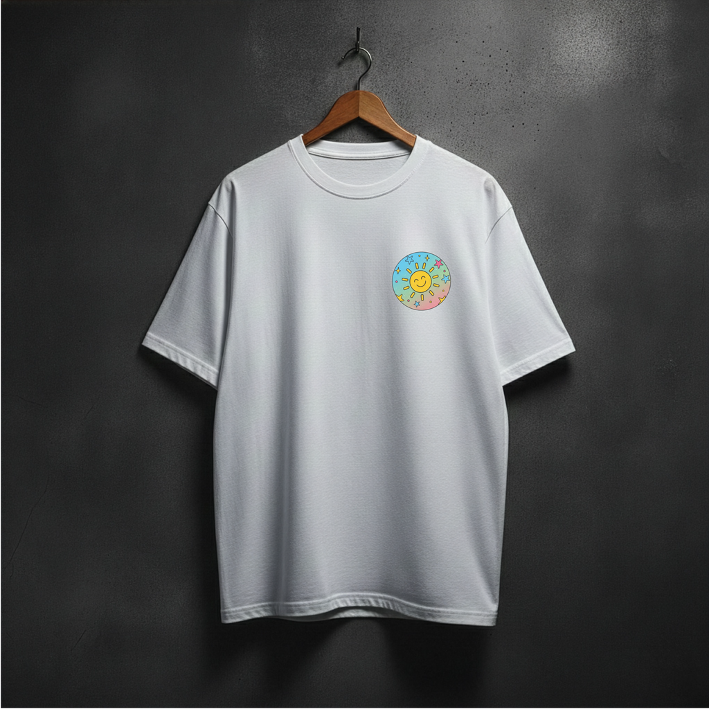 White T-shirt with colorful sun graphic on the front left chest