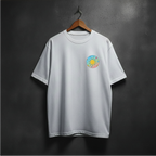 White T-shirt with colorful sun graphic on the front left chest