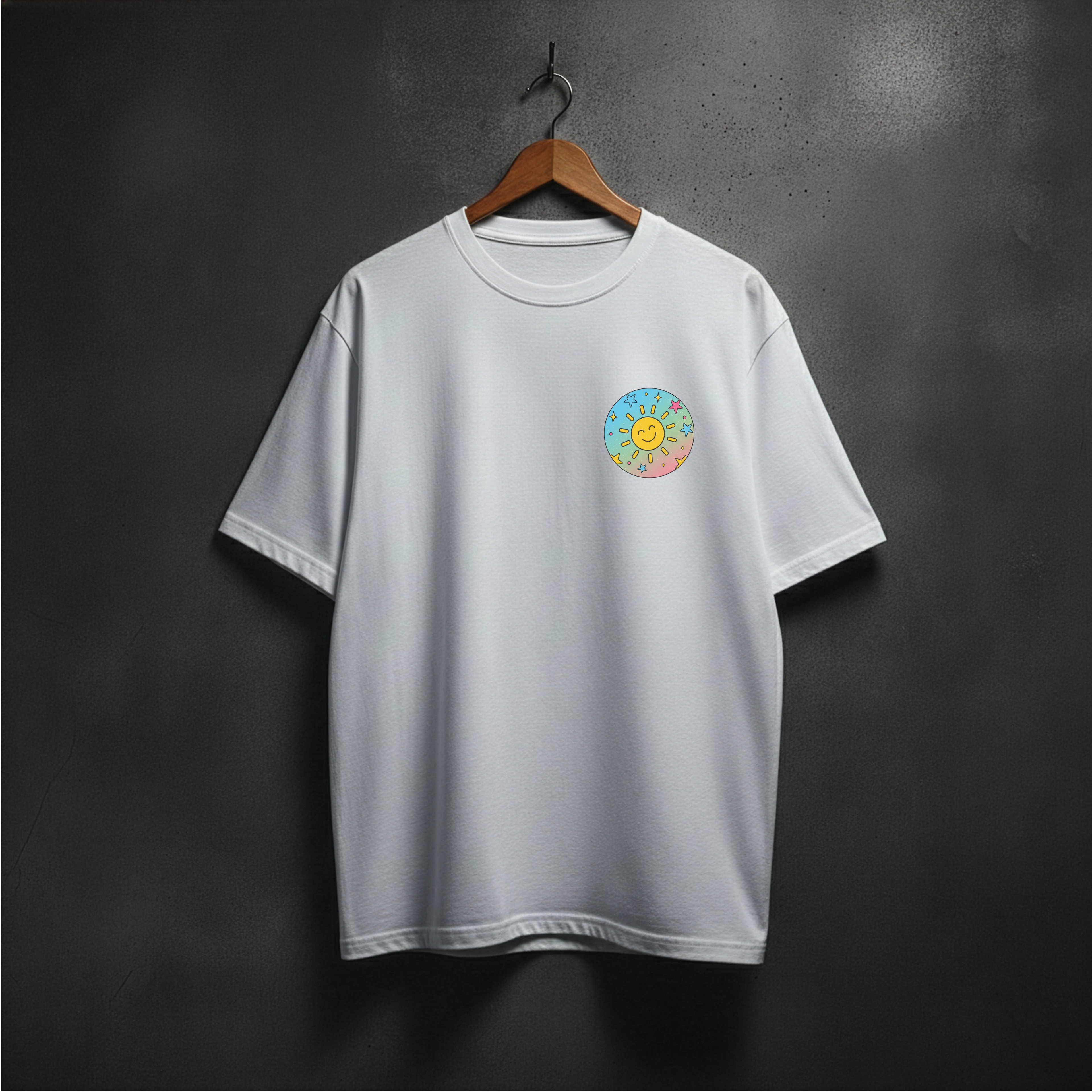 White T-shirt with colorful sun graphic on the front left chest