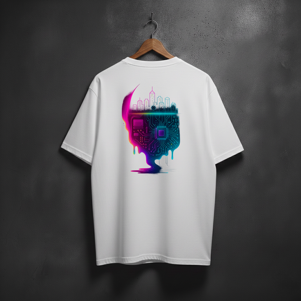 White t-shirt with a colorful graphic of the motherboard and city, in cyberpunk style on the back